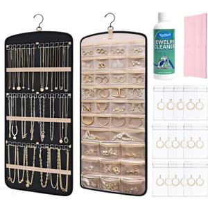 Hanging Jewelry Organizer & Cleaning Kit - Storage Bag with Metal Hooks, Double-Sided Jewelry Rack, Cleaning Solution, Polishing Cloth, Anti-Tarnish Bags Fits Necklaces, Rings on Closet, Wall, Door, Black