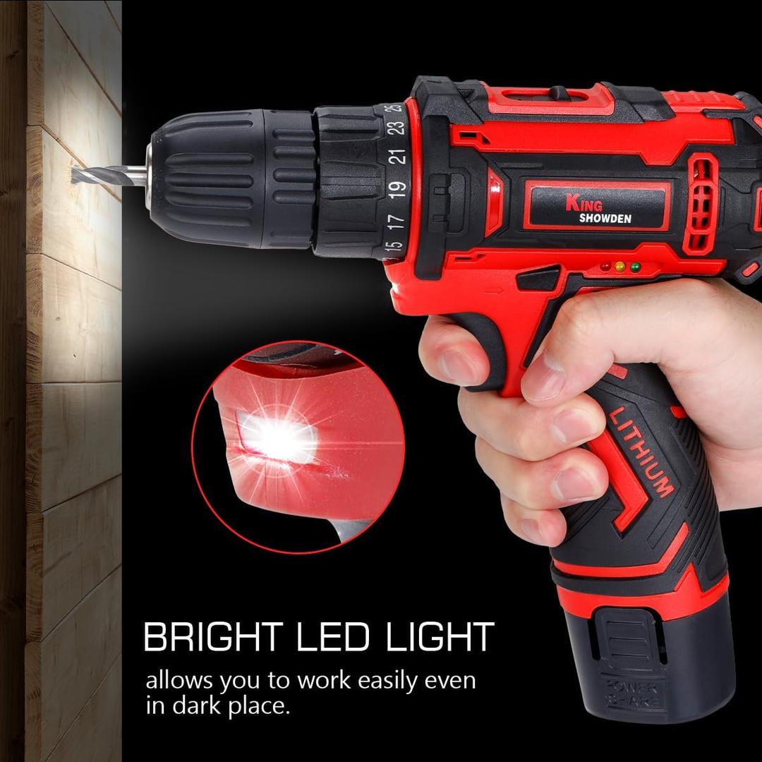 Cordless Drill Kit Power Screwdriver Set, 12 V Electric Drill Screwdriver for Home DIY, 3/8'' Keyless Chuck, 25+1 Torque Setting, Built-in LED, 2 x 1500mAh Batteries and Fast Charger