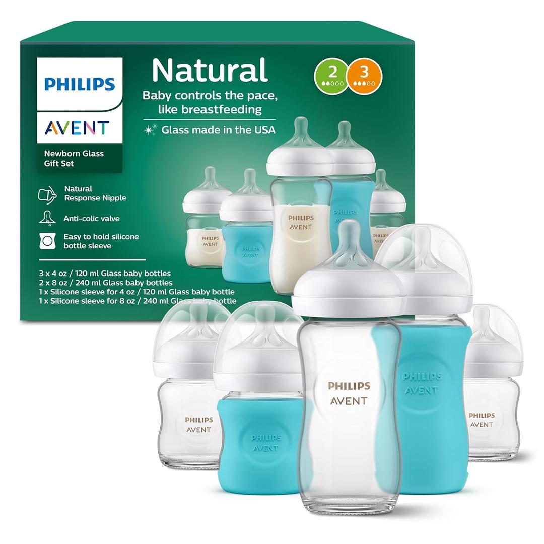 Philips Avent Natural Newborn Glass Gift Set, Baby Bottles with Natural Response Nipples, 3X 4oz (Slow Flow, Flow 2) and 2X 8oz (Medium Flow, Flow 3), 2X Silicone Sleeves, SCD858/01 (4 and 8 Ounce)
