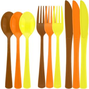 Kochorie 300 Pieces Thanksgiving Plastic Silverware Fall Heavy Duty Utensils Set Heavyweight Disposable Flatware Includes Orange Yellow Brown Spoons Forks Knives for Thanksgiving Dinner Party Supplies