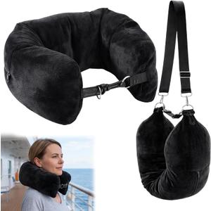Stuffable Neck Pillow for Travel, Adjustable U-Shaped Pillow with Long and Short Straps, Crystal Velvet Material for Comfortable Support, Removable and Washable Cover