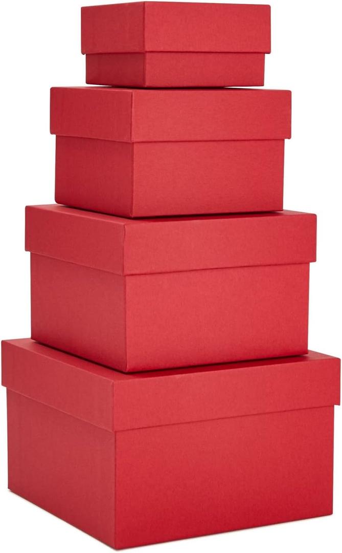 Stockroom Plus Red Gift Box Set - 4 Square Nesting Containers, 6.5x6.5x4 to 3.5x3.5x2 in - Lidded Gift & Storage Containers, Stackable Space-Saving Design