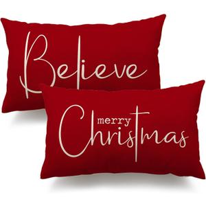 Christmas Throw Pillow Covers 12x20 Inch Set of 2 Merry Christmas Farmhouse Decorations Believe Holiday Decor Throw Cushion Case for Home Couch (B1)