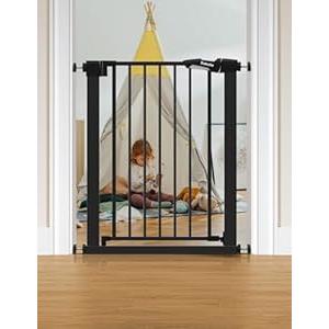 BABELIO 26-28.5 Inch Narrow Easy Install Baby Gate, Auto-Close Pet Gate for Small Stairs and Doorways, NO Drilling Pressure Mounted, NO Extensions, Black