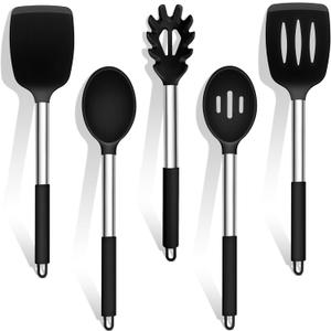 TeamFar Cooking Utensils Set, 5 PCS Silicone Kitchen Utensils with Stainless Steel Handle, for Nonstick Cookware Flipping Frying Turning Draining, Heatproof & Healthy, Nonstick & Easy Clean, Black TeamFar Cooking Utensils Set, 5 PCS Silicone Kitchen Utensils with Stainless Steel Handle, for Nonstick Cookware Flipping Frying Turning Draining, Heatproof & Healthy, Nonstick & Easy Clean, Black
