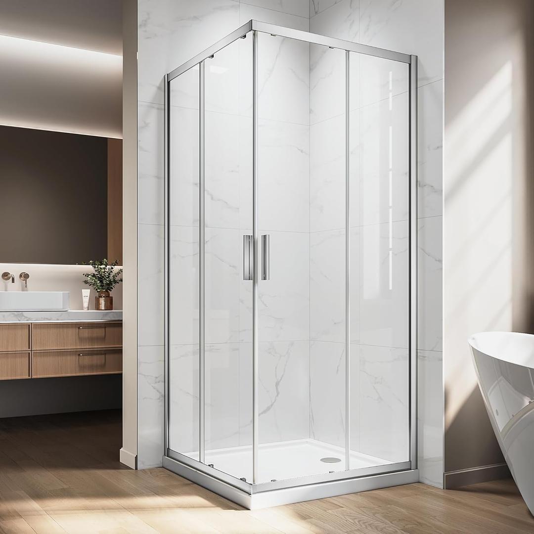 Bathroom Corner Shower Enclosure, 34 in. L x 34 in. W x 76 in. H, 1/4 in. (6mm) Thick Clear Tempered Glass Door, Dual Sliding Doors with Brushed Gold Hardware Kit (Brushed silver, 34 * 76)