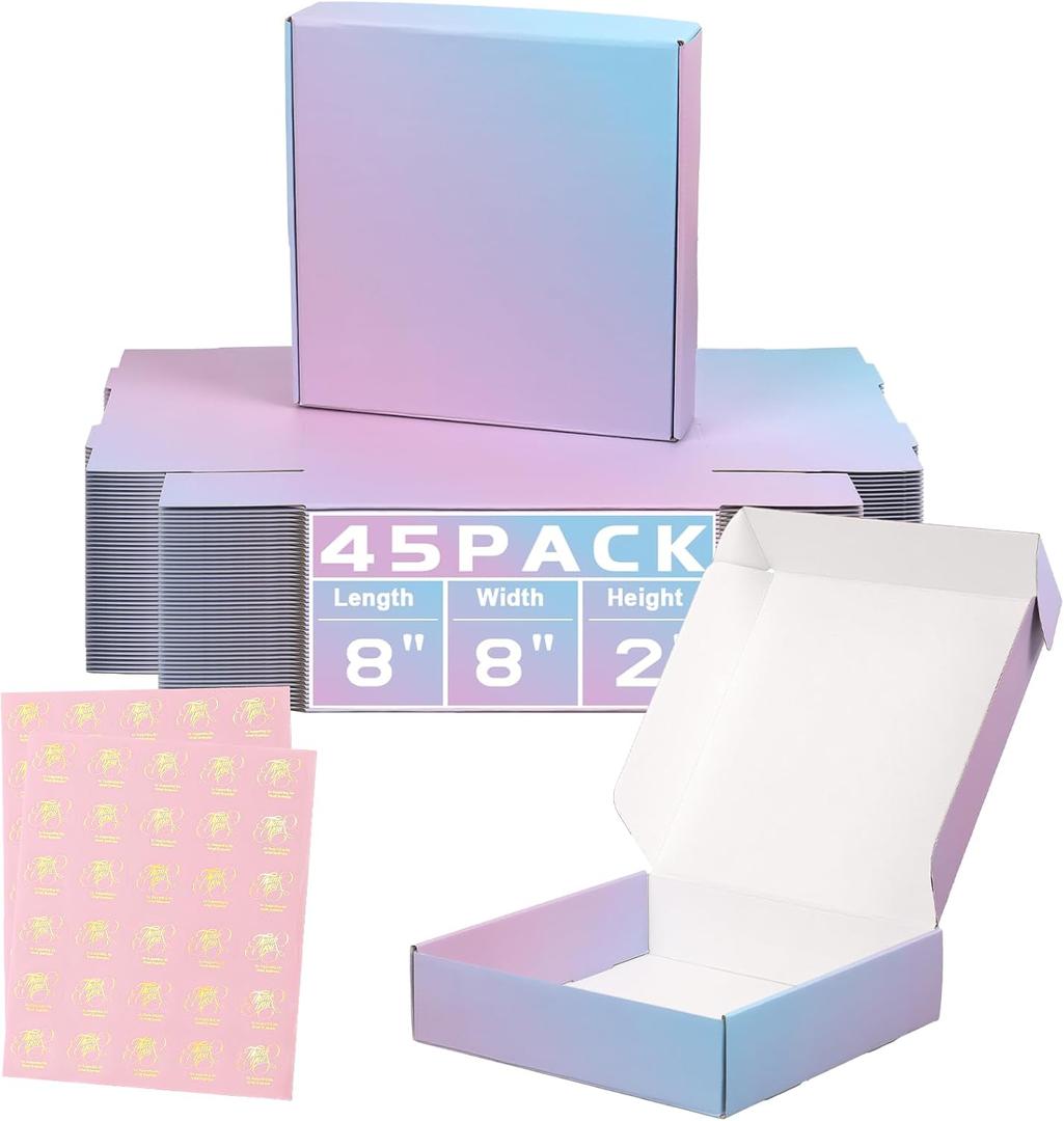 Purple Small Shipping Boxes, 45 Pack 8x8x2 Inch Cardboard Boxes, Mailing Shipping Boxes for Small Business
