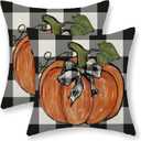 Fall Pillow Covers 16x16 Set of 2 Pumpkin Maple Leaves and Buffalo Plaid Fall Decor Pillowcase Linen Autumn Thanksgiving Decorative Outdoor Throw Pillow Covers Farmhouse Cushion Case for Couch