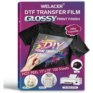 DTF Transfer Film, 13x19 inch 100 Sheets Glossy Transfer Finish, Double-Sided Coated PET Film, Hot & Cold Peel Compatible