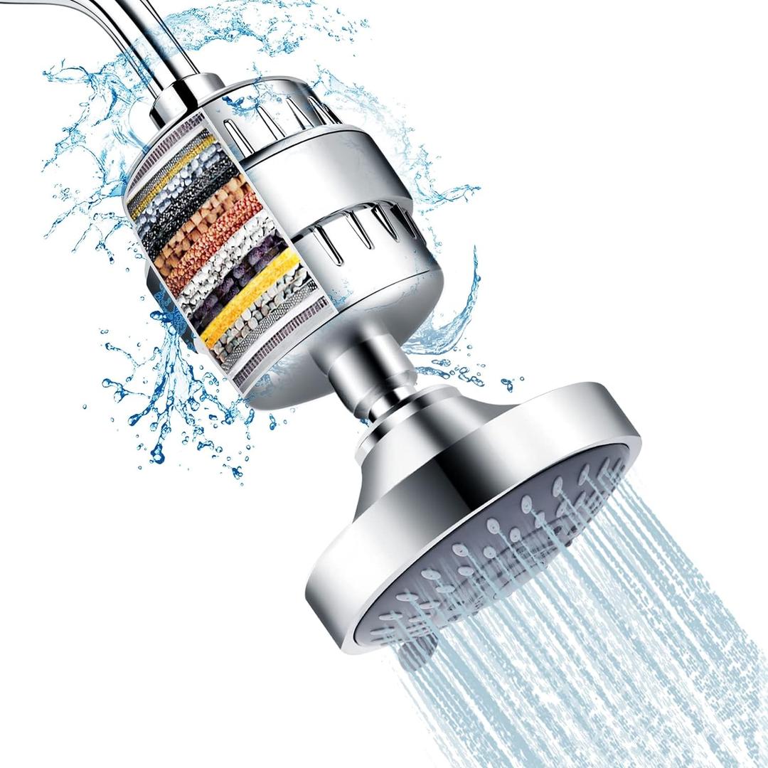FEELSO Shower Head and 15 Stage Shower Filter Combo, High Pressure 5 Spray Settings Filtered Showerhead with Water Softener Filter Cartridge for Hard Water Remove Chlorine and Harmful Substances (Chrome)