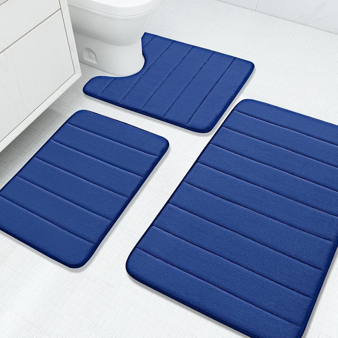Buganda Memory Foam 3 Pieces Bathroom Rugs Set - Thick Soft Absorbent Non-Slip Bath Mats, Washable Small/Large/Contour Bath Rugs (24" x 16" + 36" x 24" + 24" x 20", Navy Blue)