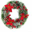 Christmas Wreath 11 Inch, Christmas Front Door Wreath Decorations with Artificial Pine Cone, Red Berry Clusters, Green Frosted Branches, Flowers, for Merry Christmas Party Decor Outdoor