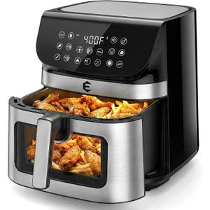 9.5Qt Large Air Fryer Oven, 12 Digital Preset Airfryer Toaster Oven Combo with Touchscreen, Non Toxic Stainless Steel Air Fryer with Viewing Window, XL Capacity Basket Style Airfryer for Family, Black