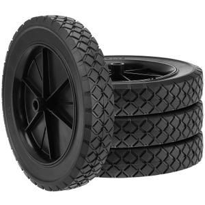 4 Pack 10 Inch Rubber Replacement Tire, Semi-Pneumatic Tire Plastic Wheel Lawn Mower Wheels with 1/2 Inch Bore Offset Axle for Hand Trucks, Lawnmowers, Utility Carts, Black