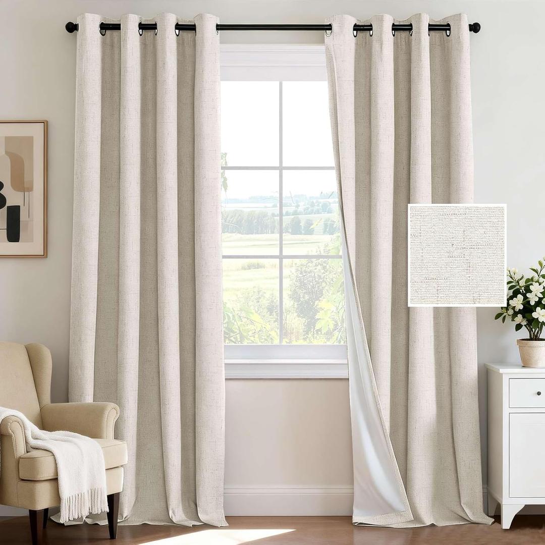 H.VERSAILTEX 100% Blackout Curtains for Bedroom 84 Inches Long Grommet Linen Face Full Light Blocking Curtain Drapes for Living Room Thermal Insulated Linen Look Curtains 2 Panels Set, Antique White