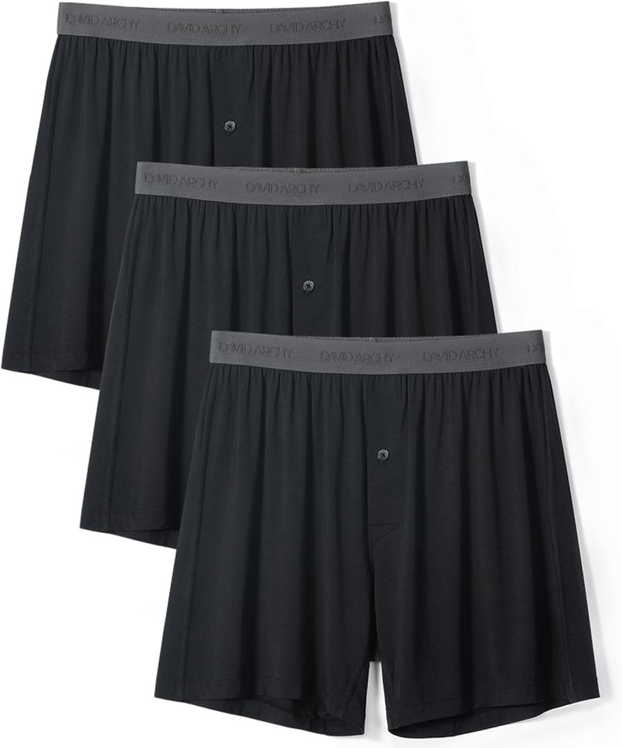 DAVID ARCHY Mens Underwear Bamboo Rayon Boxers for Men Breathable and Cool Men's Boxer Shorts with Button Fly 3 or 5 Pack (Large, A2, Black*3)