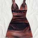 Women's Ruched Mini Dress Retro Vintage Mesh Sleeveless V Neck Fitted Dresses (M)