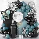 Teal Blue Black Silver Balloon Garland Arch Kit with Large Silver Star Foil Balloon Slate Sage Blue Latex Balloons Metallic Silver Black Graduation Anniversary New Year Party Decorations