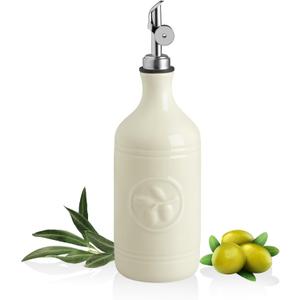 Sweejar 16 Oz Ceramic Olive Oil Dispenser Bottle, Oil Dispenser for Kitchen with Gravity Spout, Relief Opaque Oil Container for Evoo, Avocado Oil, Vinegar, Soy Sauce, 1 Pack(Beige, Silver Spout)