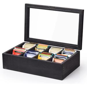 Alsonerbay Wooden Tea Box Tea Bag Holder Kitchen Storage Chest Box for Spice Pouches and Sugar Packets with 8 Compartments and Glass Window Weathered Black