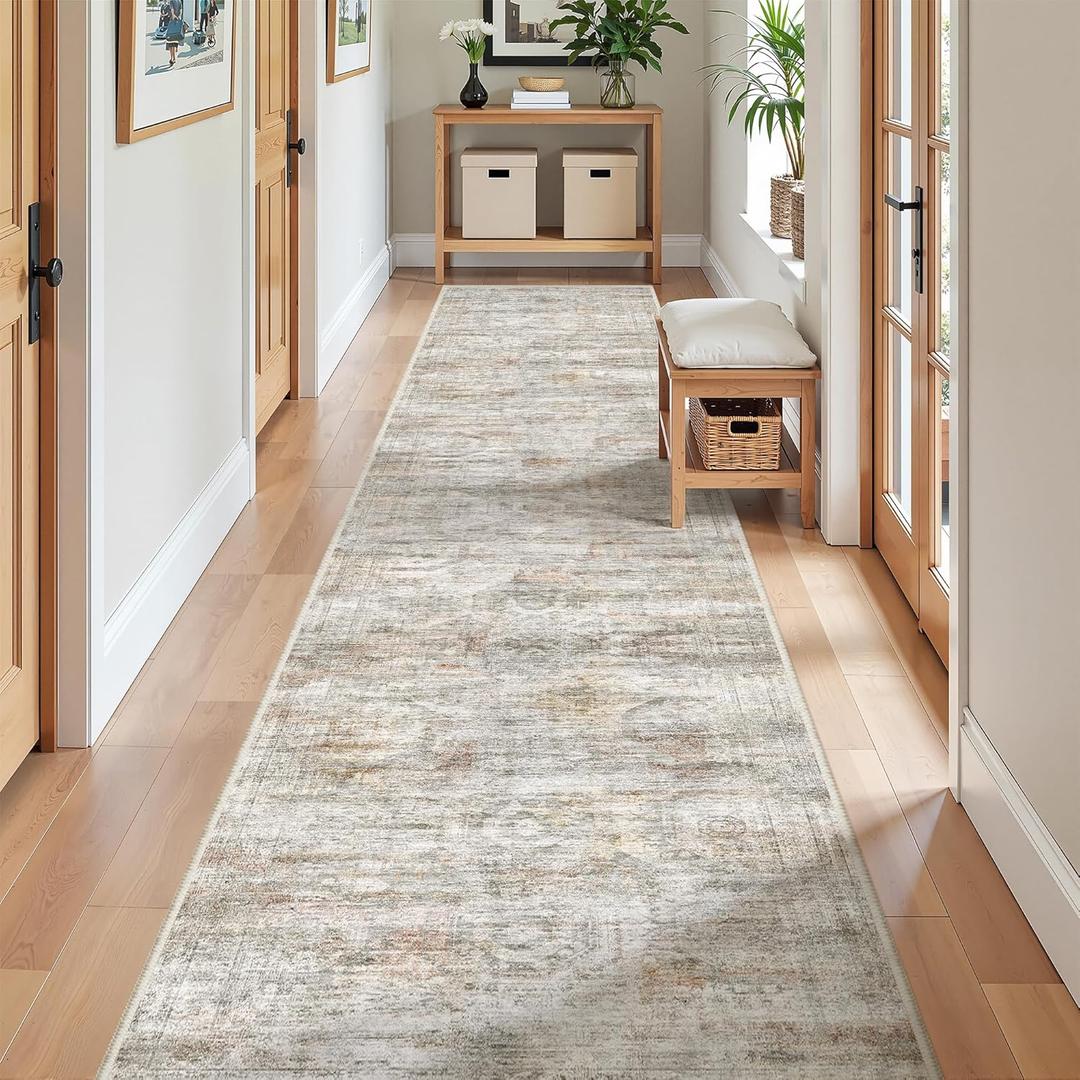 Long Hallway Runner Rug- Carpet Runners for Hallway 12ft, Anti Slip Backing Washable Rug Runner for Bathroom, Entrance, Living Room, Soft Low Pile Modern Rug Runner(2'x12', Grey/Rust)