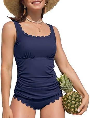 ANFILIA Womens Two Piece Ribbed Tankini Swimsuits Scalloped Tankini Tops with Bottoms Tummy Control Bathing Suits(XL)