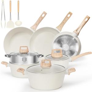 SODAY 13 Pcs Pots and Pans Set Non Stick Kitchen Cookware Sets Nonstick Induction Cookware Non-toxic White Granite Cooking Tools with Stay-Cool Handles, Silicone Tools (PFOS/PFOA Free)