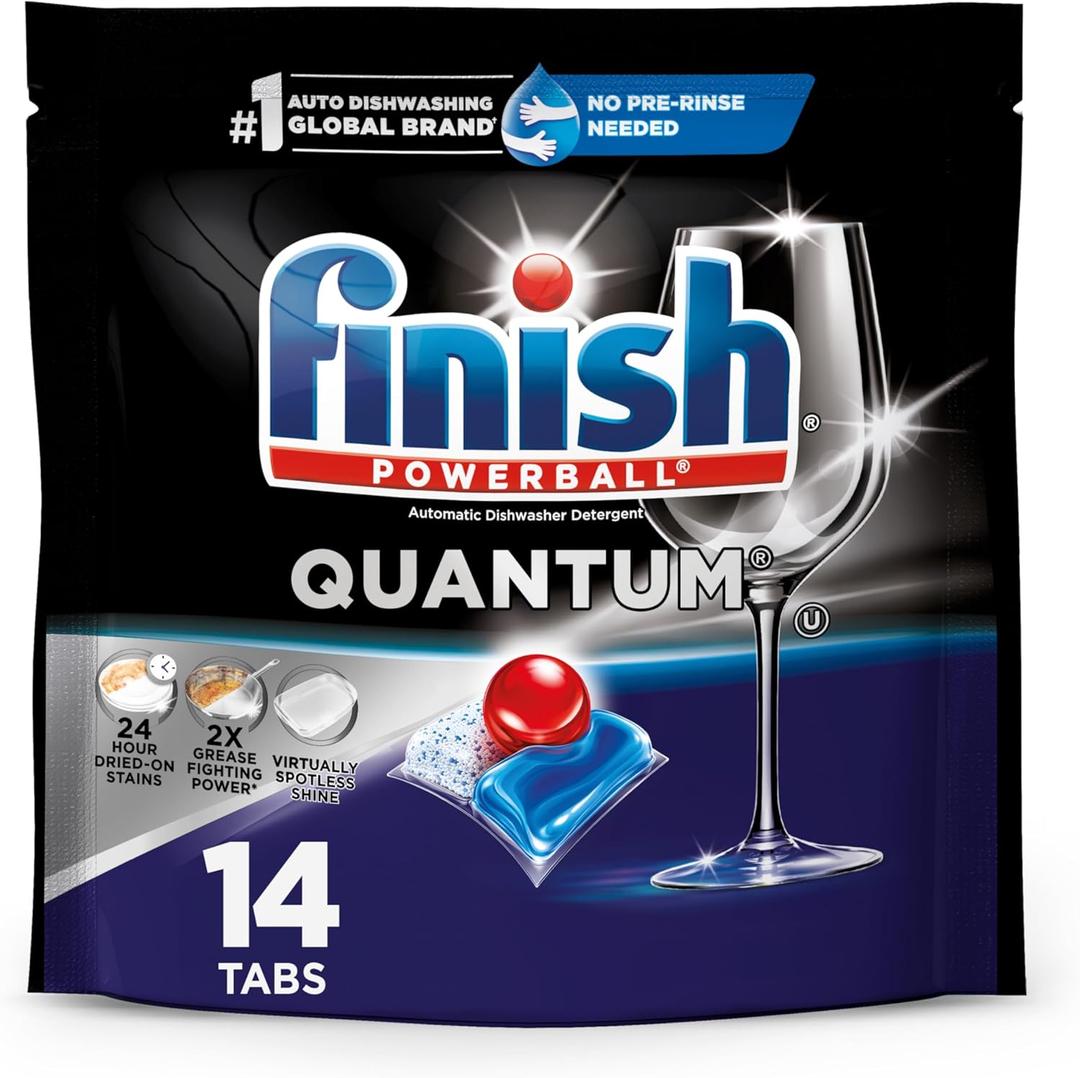 Finish Quantum Dishwasher Pods, No Pre-Rinse Dishwasher Detergent Soap Removes 24HR Dried-On Stain and Grease, Leaving a Virtually Spotless Shine, 14 Count