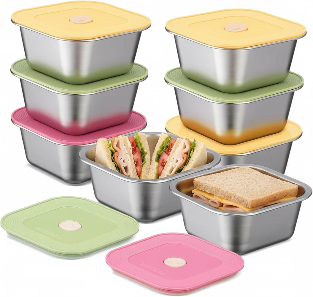 8 Pack 24oz 304 Sandwich Containers Stainless Steel Sandwich Box with Airtight Lids Reusable Metal Food Storage Container Lunch Boxes Freezer Dishwasher Safe for Fruits Snacks Picnic