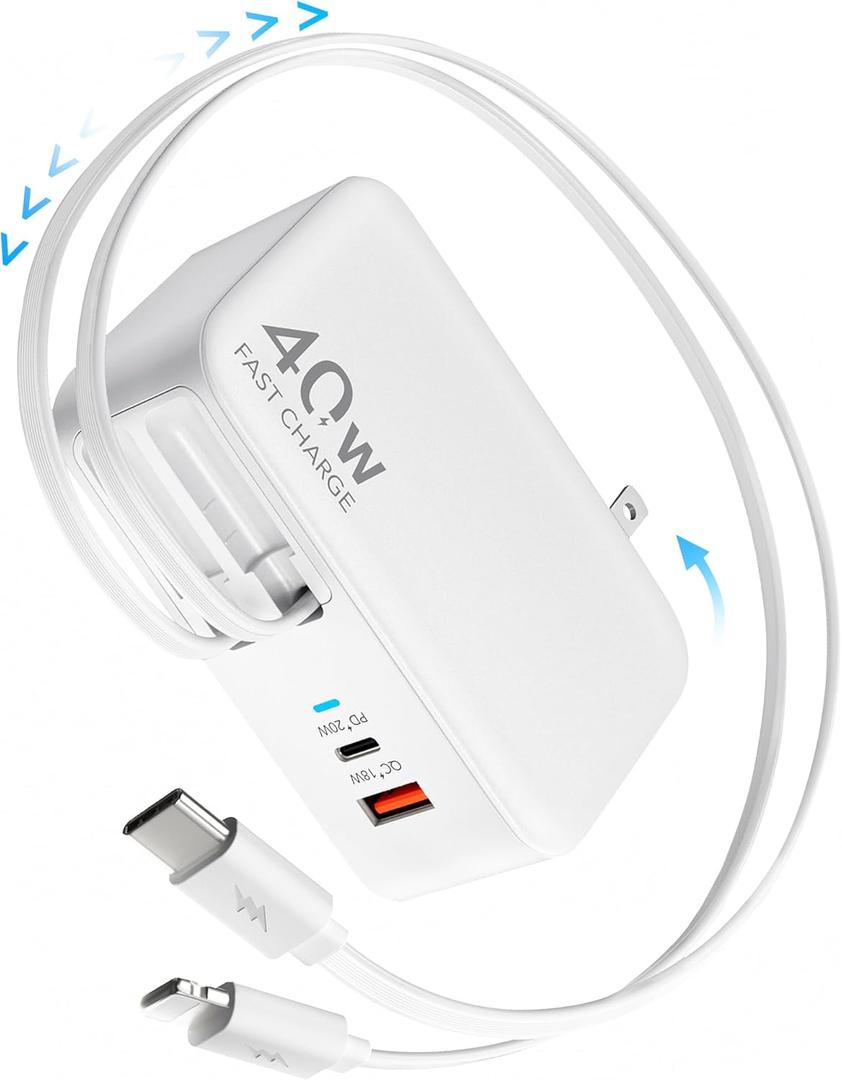 Retractable USB C Charger Wall Plug with 35.5in/90cm Type C Cables Cords,40W Fast Charging Foldable Block Multi Charger for All Devices for iPhone 17/16/15/14/13/12,iPad,Galaxy,Pixel (White)