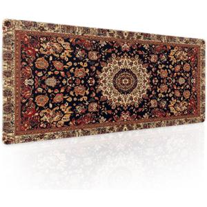 Vintage Rug Gaming Mouse Pad XL Dark Brown Retro Carpet Aesthetic Extended Large Mat Mousepad Desk Pad Non-Slip Rubber Base Stitched Edge Flower Keyboard Pad Playmat for Computer,31.5×11.8 Inch