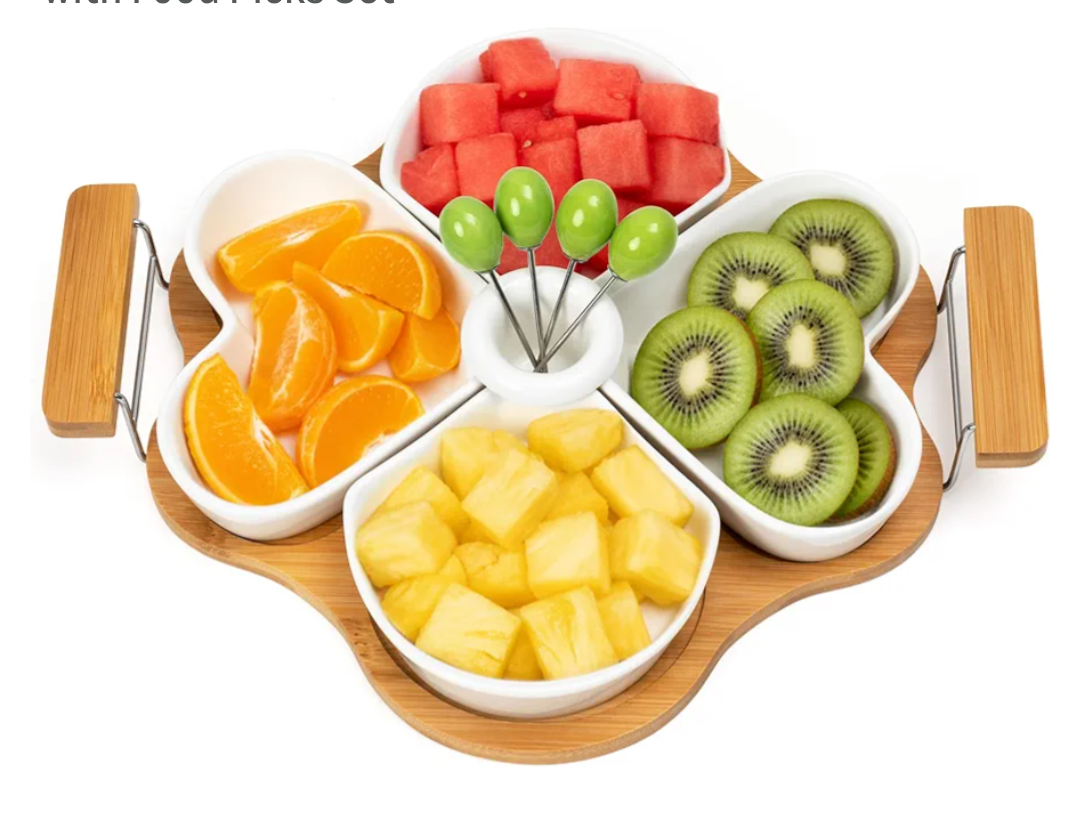 Divided Serving Tray Platters - Heart Divided Snack Dishes for Party Entertaining Table Top, Veggie Vegetable Fruit Nut Chips Dip Appetizer Ceramic Tray with Food Picks Set