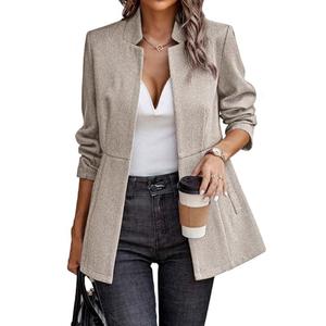 ELLEVEN Blazers for Women Business Casual Open Front Suit Jacket Herringbone Long Sleeve Stand Collar Work Blazer for Office with Full Lining and Padded Shoulders Apricot X-Large