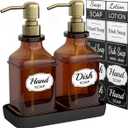 LMQML Soap Dispenser - 2 Pack, Antique Design Thick Amber Glass Hand Soap Dispensers with Sturdy Tray; 304 Rust Proof Stainless Steel Black Pump, 12Pcs Stickers, for Kitchen, Bathroom - Brushed Gold
