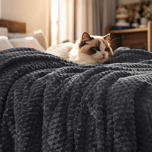 PHF Ultra Soft Flannel Fleece Blanket Queen Size, Lightweight 3D Jacquard Fleece Blanket, No Shedding, No Pilling, Luxury 340GSM Aesthetic Fluffy Cozy for Bed Room Decor, 90"x90", Dark Grey