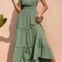 PRETTYGARDEN Women's Cross Neck Spring Sleeveless Tiered Maxi Dress Beach Tie Strap Smocked Long Dresses Pleated Sundress (Green, L)