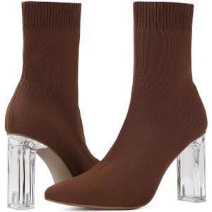 Shoe'N Tale Women's Knit Sock Ankle Boots Pointed Toe Clear Mid Heel Slip-on Stretch Booties Shoes (9)