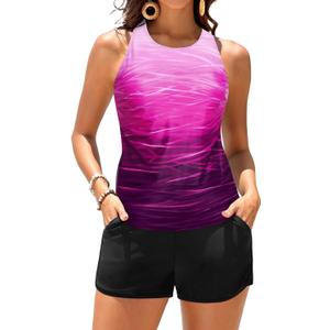 Daci Tankini Swimsuits for Women - Tummy Control Two Piece Bathing Suits with Shorts 2025 High Neck Swimwear Two Side Pockets (Small, Pink Gradient)