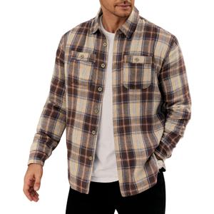 Men Fleece-Lined Button Shirt Flannel Plaid Warm Winter Casual Jacket with Flap Pockets (Large, Brown)