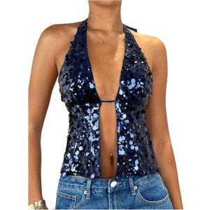SOLY HUX Women's Sparkly Sequin Halter Tops Y2k Crop Top Night Out Party Outfits Streetwear (Dark Blue) S