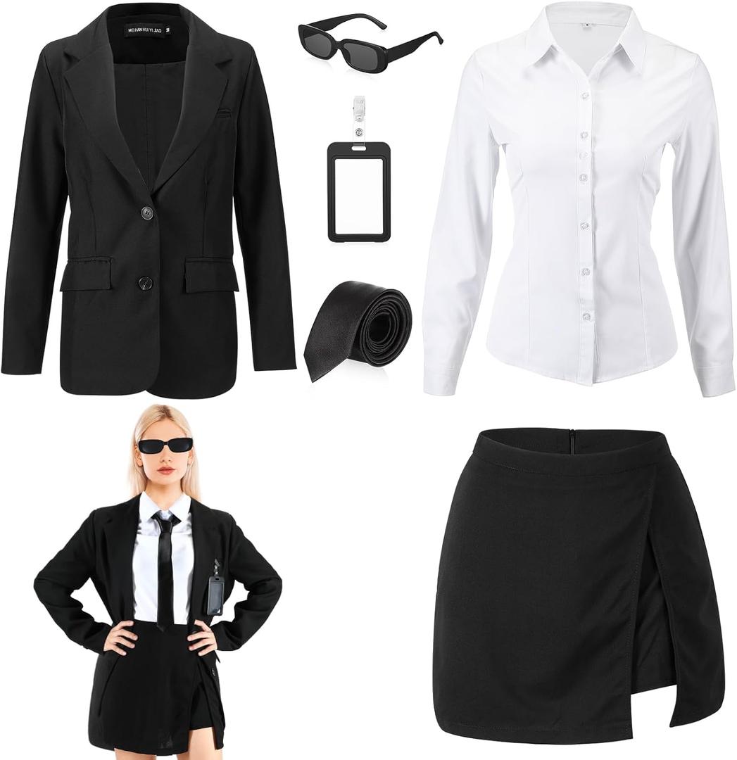 Funnysoft Halloween Agent Alien Costume for Woman Black Blazer Jackets Shirts Skirt Tie ID Badge for Halloween Cosplay(S)
