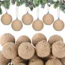 Syhood 18 Pcs 1.57 Inches Mini Christmas Ball Ornaments Boho Farmhouse Jute Rope Hanging Balls Burlap Neutral Rustic Ornaments for Xmas Tree Holiday Wreath Garland Wedding Home (Linen)