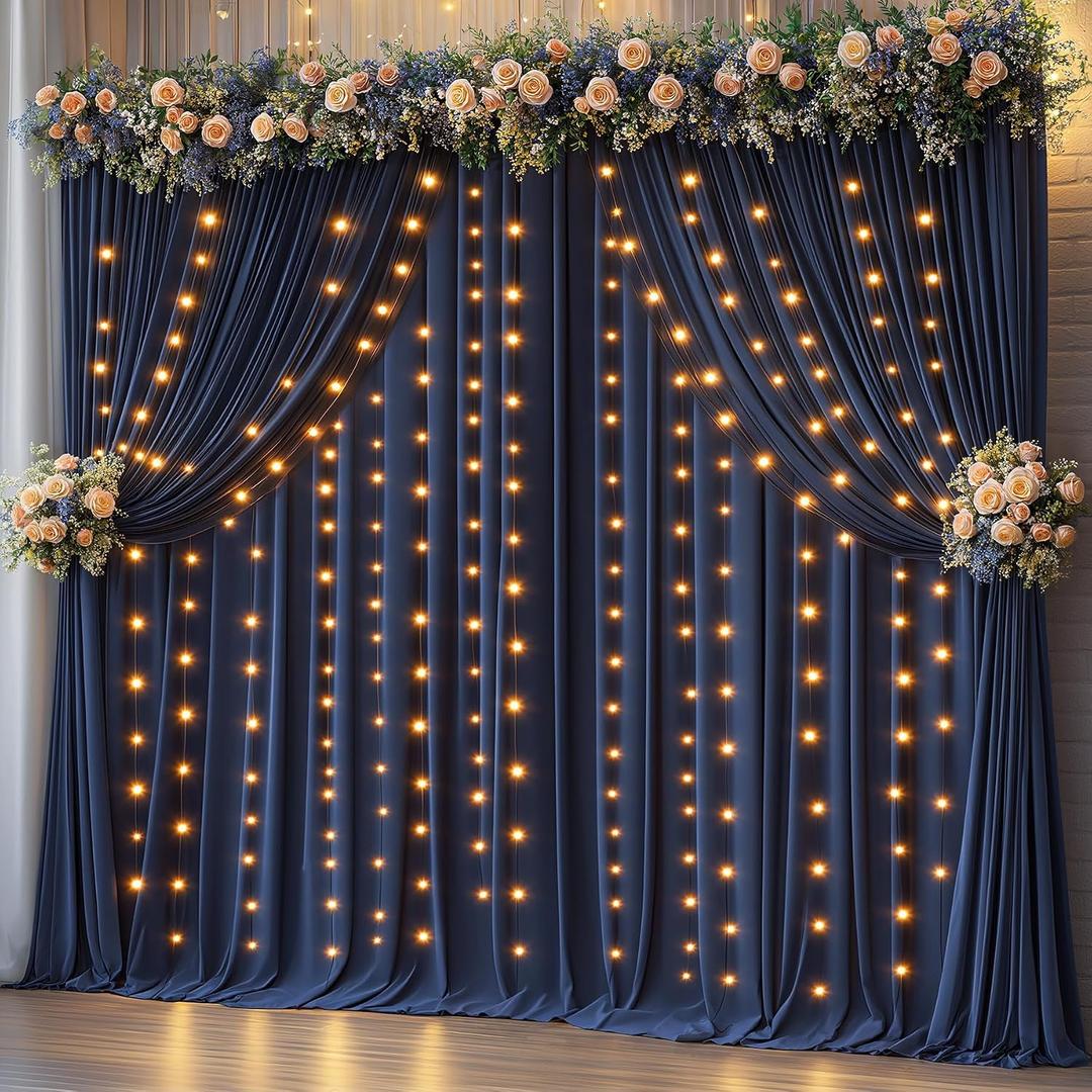 10 x 10ft Navy Blue Backdrop Curtains with Lights String for Wedding Polyester Photo Backdrop Drapes Wrinkle Free White Curtains Backdrop for Birthday Parties Reception Baby Shower Ceremony, 2 Panels