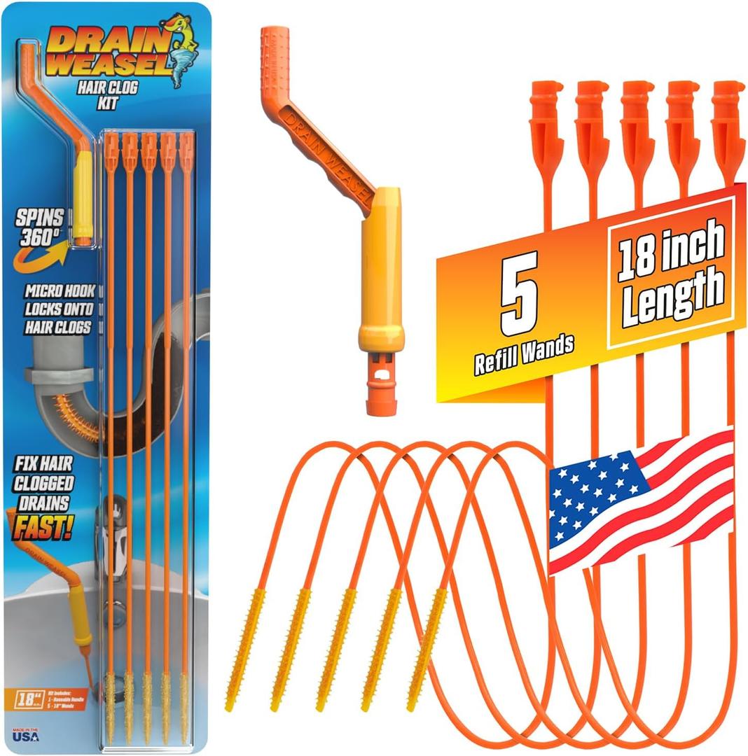 FlexiSnake Drain Weasel Sink Snake Hair Clog Remover Tool, Pipe, Bathroom, Bathtub Cleaner, 18-inch, Made in the USA, 5 Wands and Removable Handle