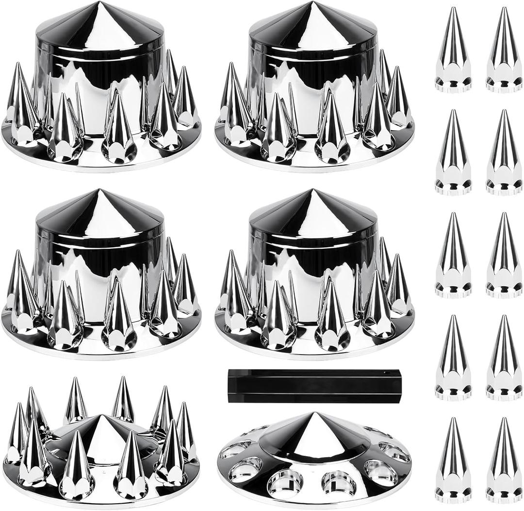 Chrome ABS Complete Axle Cover Set, 2 Front and 4 Rear with Hub Caps and 33mm Screw-On Spiked Lug Nut Covers for Semi Trucks