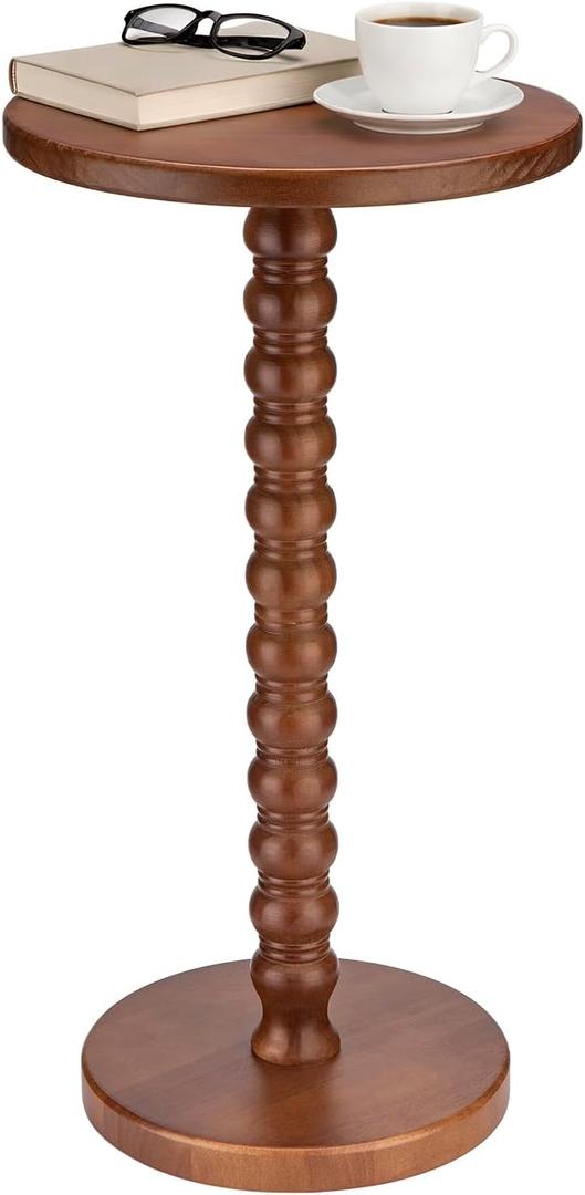Solid Wood Round Side Table, Rustic Pedestal Drink Table for Small Spaces, Accent Nightstand Table for Living Room, Bedroom, Corners, and Office, Brown