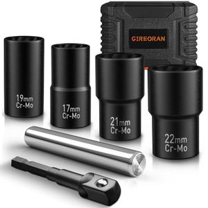 6 Piece Wheel Lock Removal Kit, 1/2" Drive Bolt Extractor Kit, Lug Nut Remover for Removing Stripped, Damaged, Frozen, Rusted, Rounded-Off Bolts, Nuts