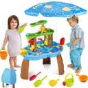 Water Table for Toddlers 3-5 with Umbrella Outdoor Toys for Kids Ages 4-8 3-Tier Kids Sand Water Table with Fishing Game Set Activity Sensory Table Summer Gift Beach Outside Toys for Toddlers