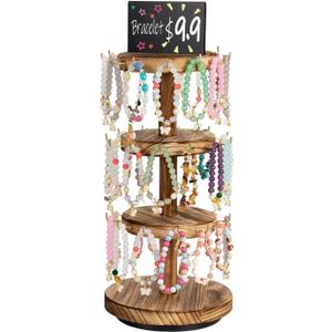 Pinzoveco Bracelet Holder, 3 Tier Wooden Rotating Bracelet Display Stand, Tree Stand Vendor Booth Display with Adversitsing Board, 36 Hooks for Bracelet, KeyChain Display Stands for Selling, Brown (Patent Pending)