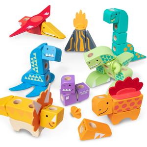 Melissa & Doug Blockables Dinosaur Snap and Play, Mix and Match Connectable Wooden Building Blocks Play Set Toy for Preschool Boys and Girls (69 Pcs) - FSC Certified